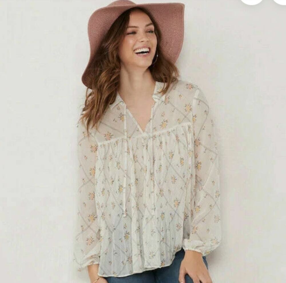LC Lauren Conrad Floral Sheer Swing Blouse Ivory Women’s M